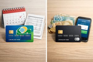 Ilustração realista de dois cartões sobre uma mesa de madeira clara. À esquerda, um cartão consignado com ícone do INSS está posicionado ao lado de um calendário com data marcada e uma folha de pagamento, sugerindo desconto automático em folha. À direita, um cartão pré-pago é acompanhado de cédulas e moedas de real, além de um celular com aplicativo de recarga aberto, representando controle financeiro. O ambiente tem iluminação suave e estilo limpo, adequado para conteúdo educativo sobre finanças.