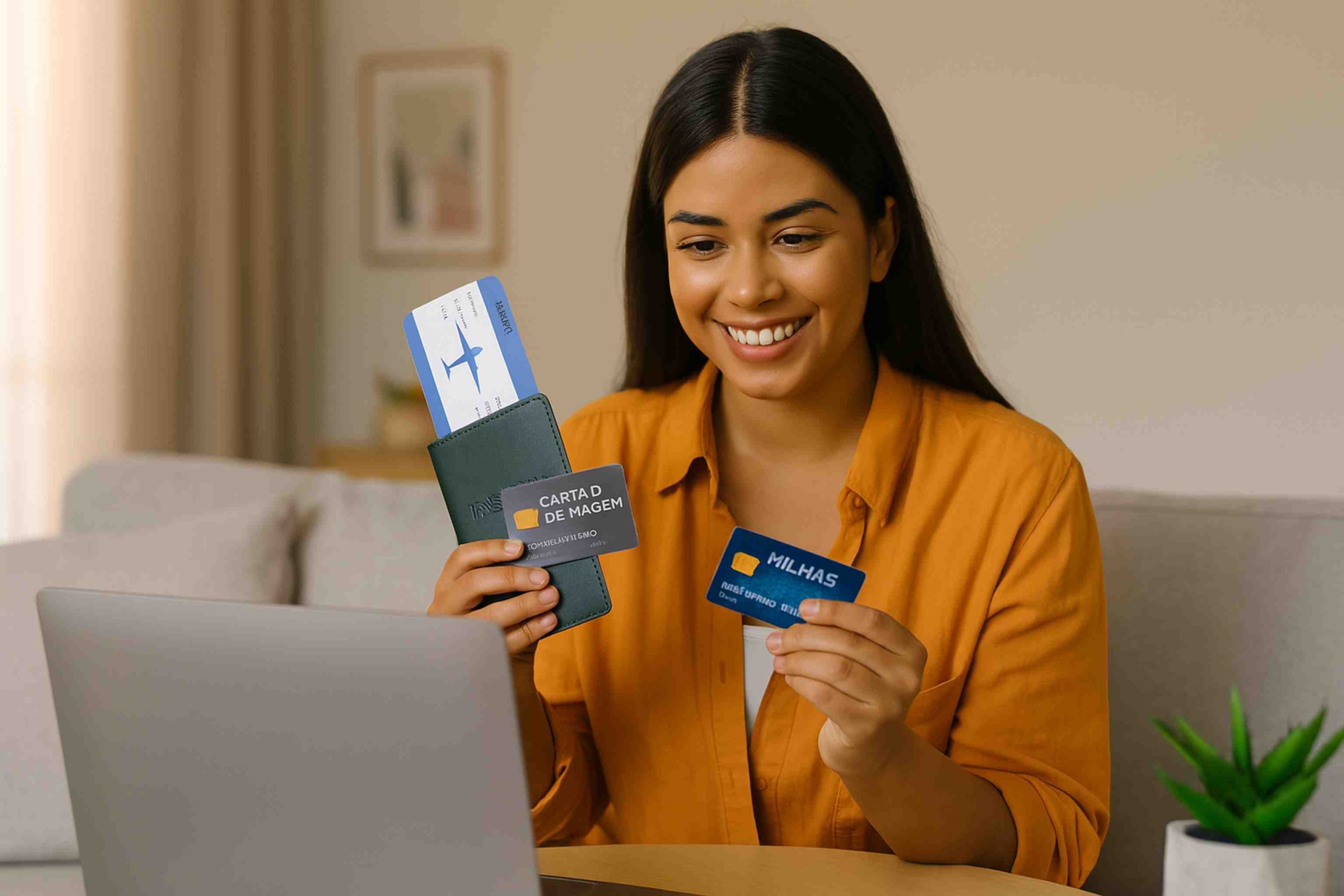 Mulher morena sorridente, vestindo camisa laranja, segura um passaporte com uma passagem aérea à mostra e dois cartões de crédito personalizados com temas de viagem, enquanto utiliza um notebook em uma sala de estar minimalista e bem iluminada.