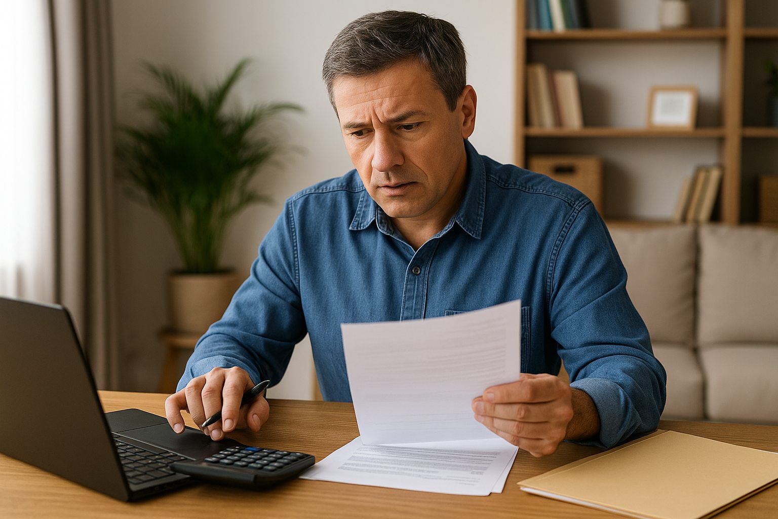 Homem de meia-idade analisando documentos sobre o que é empréstimo consignado em um ambiente doméstico iluminado, com notebook e calculadora sobre a mesa.