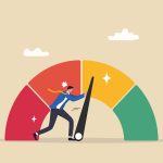 Ilustração de homem tentando aumentar score de crédito movendo ponteiro de medidor financeiro