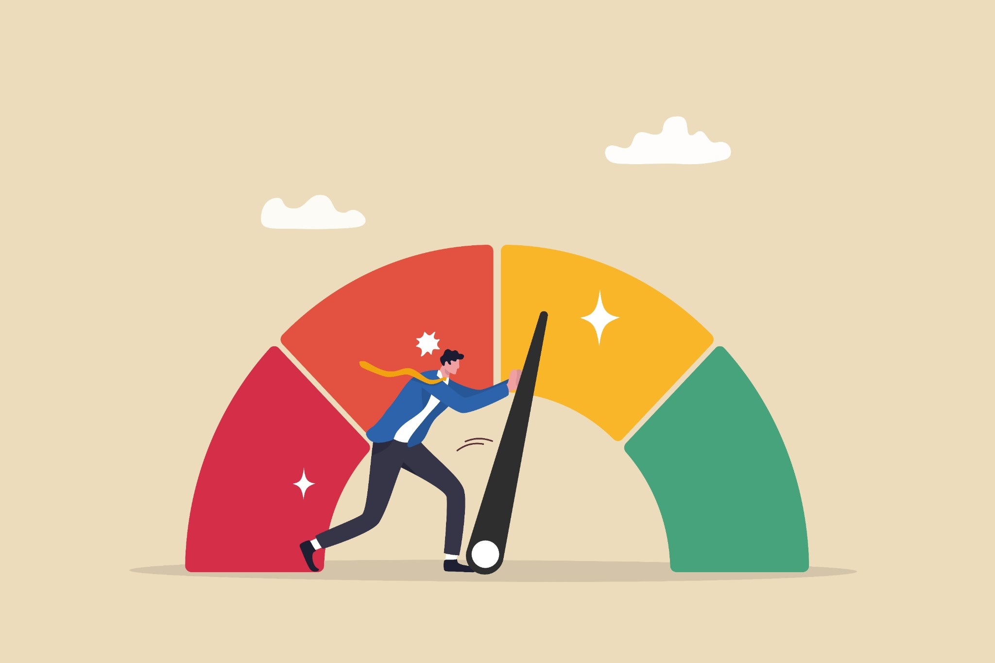Ilustração de homem tentando aumentar score de crédito movendo ponteiro de medidor financeiro