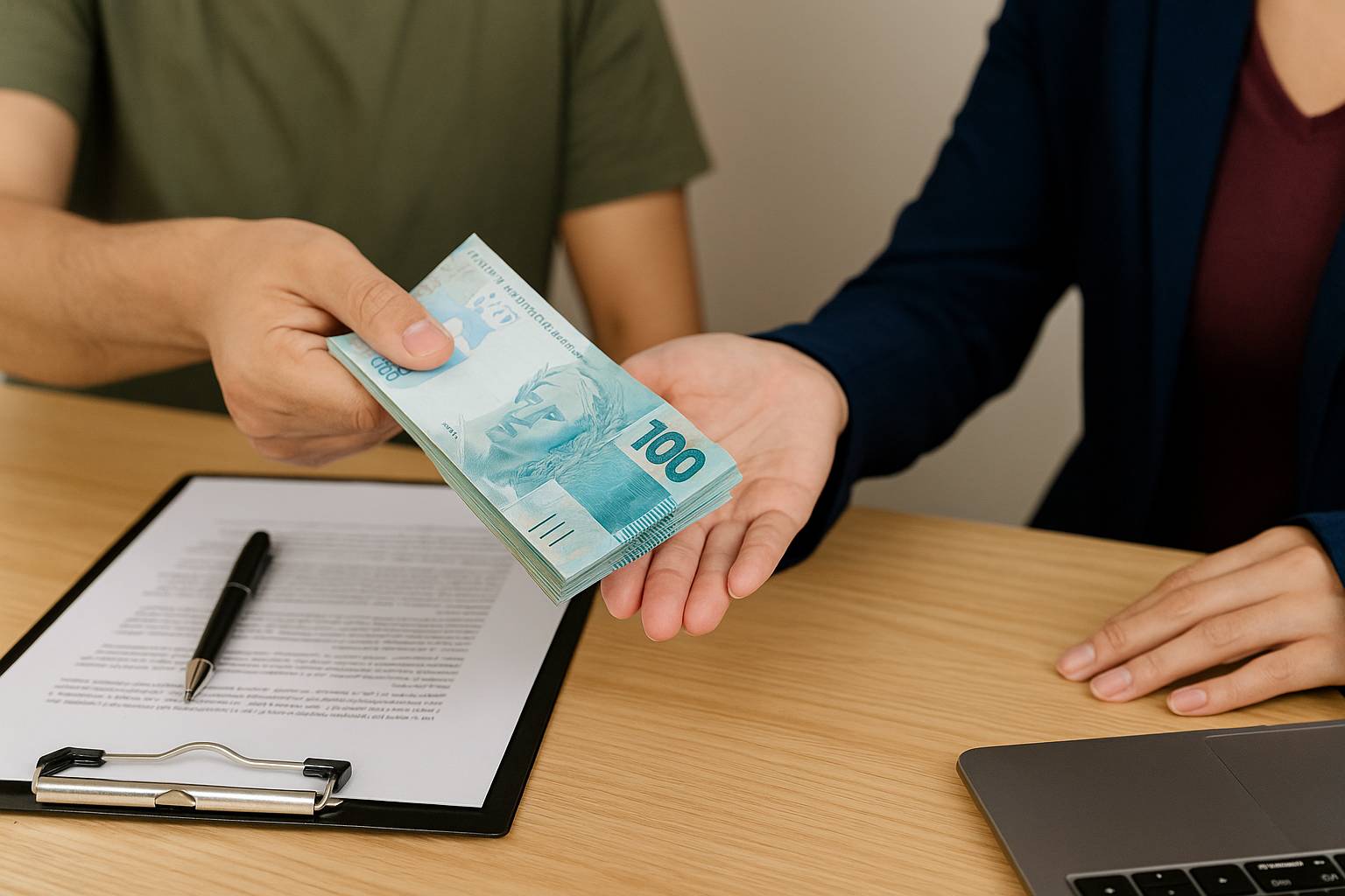 Representação visual de o que é empréstimo: mãos trocando notas de cem reais em uma mesa, simbolizando a liberação do crédito.