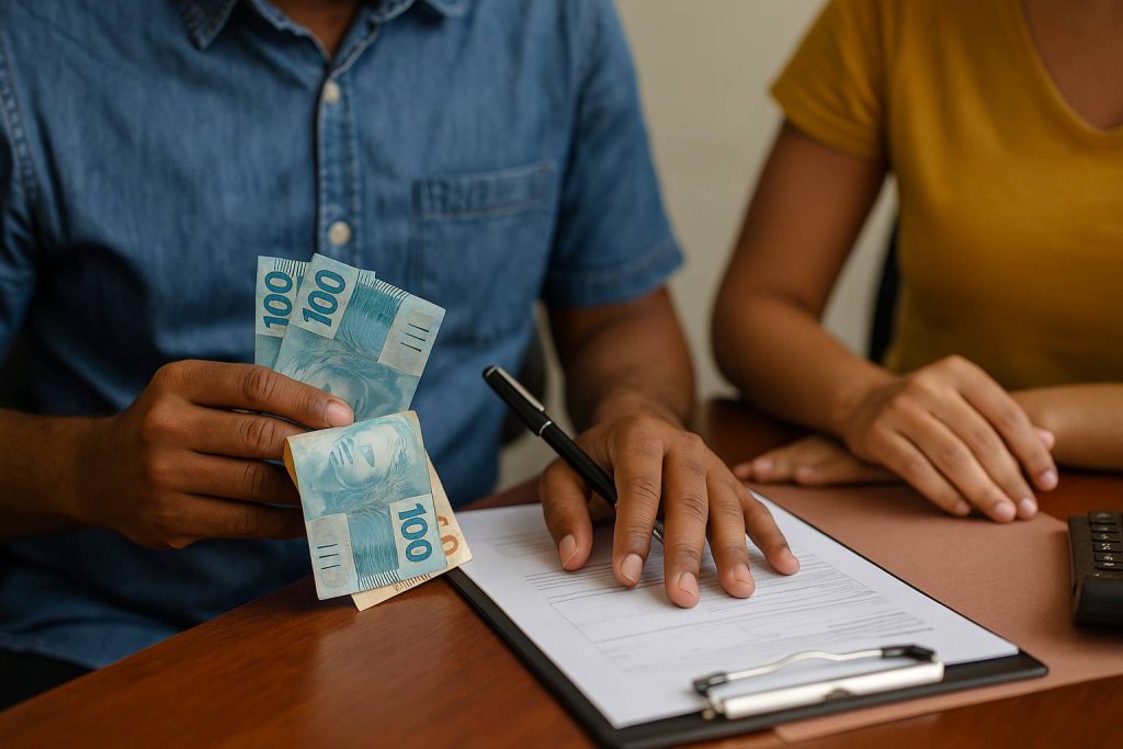 O que é empréstimo? Entenda de forma simples e segura 1 Cena realista que ilustra o que é empréstimo, com homem segurando cédulas de reais ao lado de documentos e calculadora sobre a mesa.