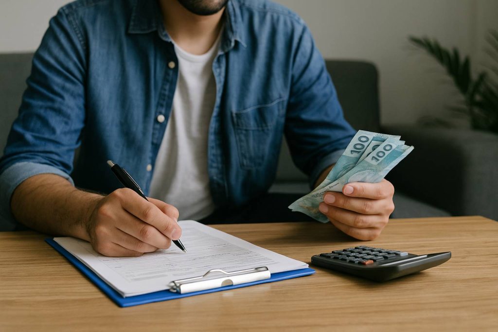 Tipos de empréstimo: conheça os principais e saiba quando usar cada um 1 Pessoa analisando contas, dinheiro e documentos sobre a mesa, refletindo sobre diferentes tipos de empréstimo.