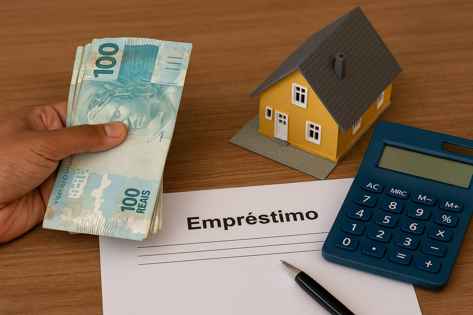 Homem com calculadora, papéis e notas de reais em uma mesa, simbolizando decisão entre os tipos de empréstimo disponíveis.