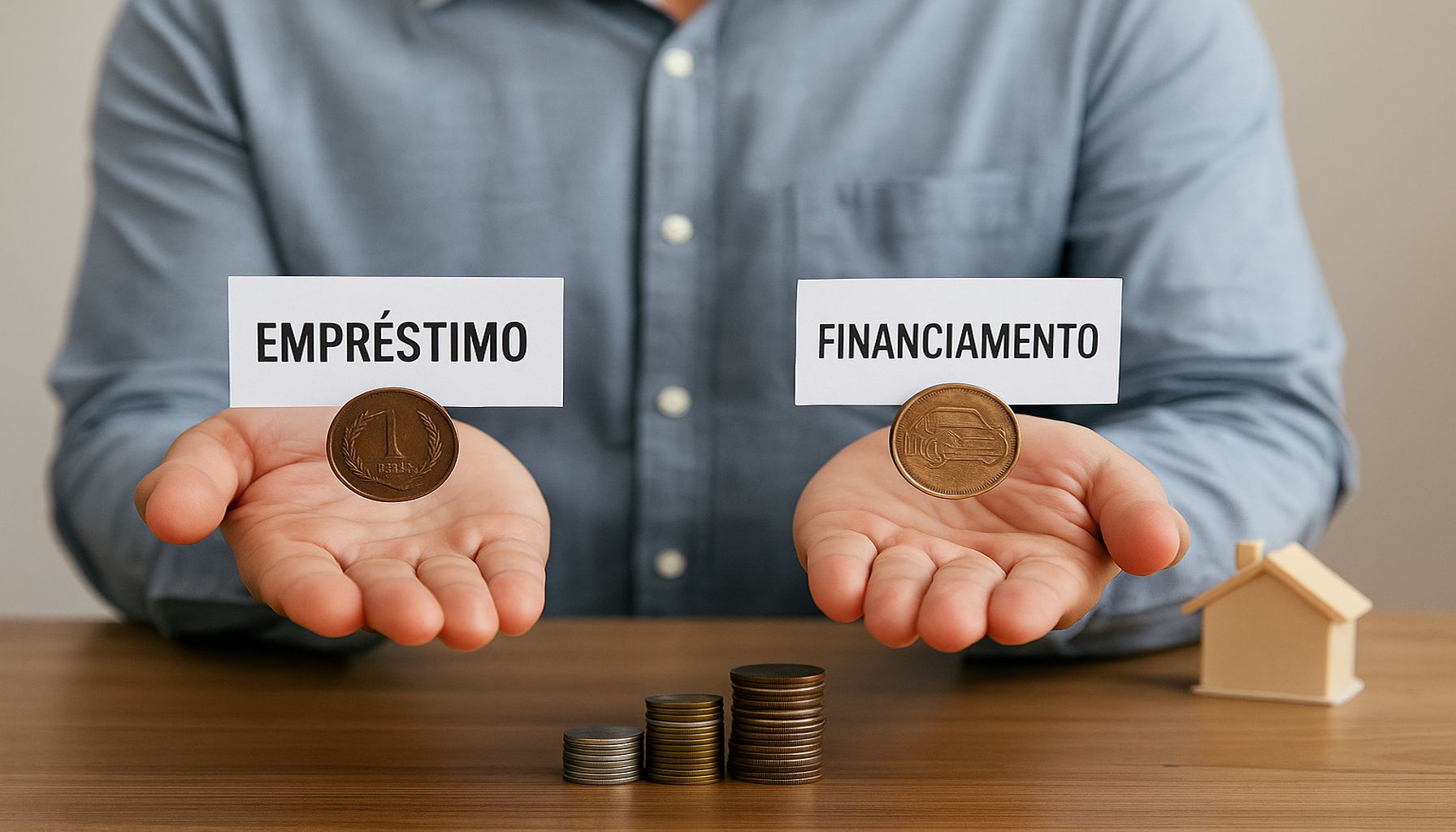Pessoa segurando moedas representando empréstimo e financiamento, ilustrando a diferença entre empréstimo e financiamento.