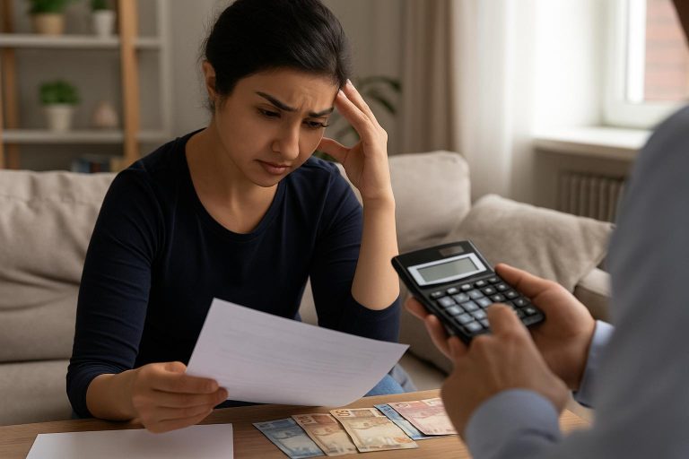 Mulher preocupada analisando contas com calculadora, representando o dilema se vale a pena fazer empréstimo com nome sujo.