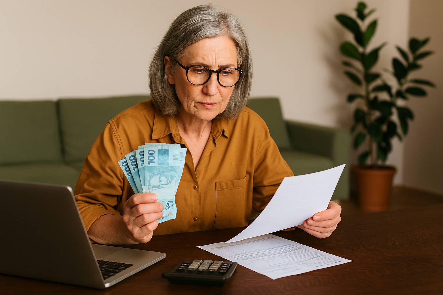 Mulher segurando cédulas de 100 reais e analisando documentos financeiros, representando o cálculo da margem consignável.