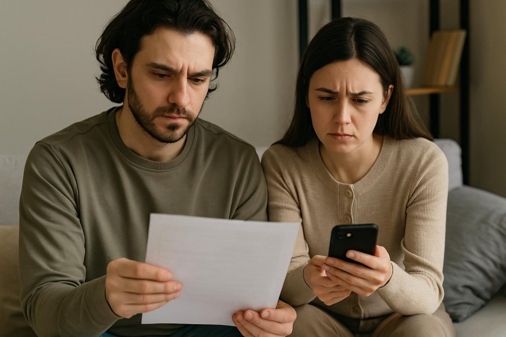 Vale a pena fazer empréstimo com nome sujo? 1 Casal analisando documentos financeiros em casa, refletindo sobre se vale a pena fazer empréstimo com nome sujo diante das dívidas.