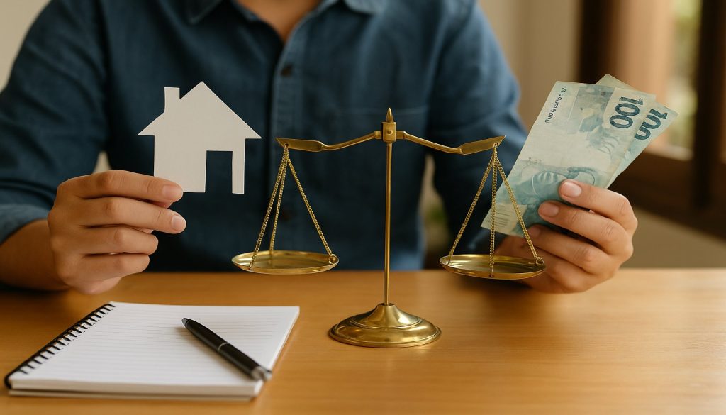 Diferença entre empréstimo e financiamento: qual opção escolher? 1 Pessoa comparando casa e dinheiro em balança, simbolizando a diferença entre empréstimo e financiamento.
