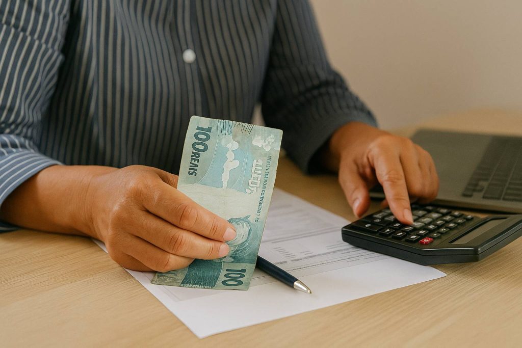 O que é margem consignável e como ela funciona no empréstimo? 1 Mãos segurando cédula de 100 reais enquanto utilizam calculadora para calcular a margem consignável.