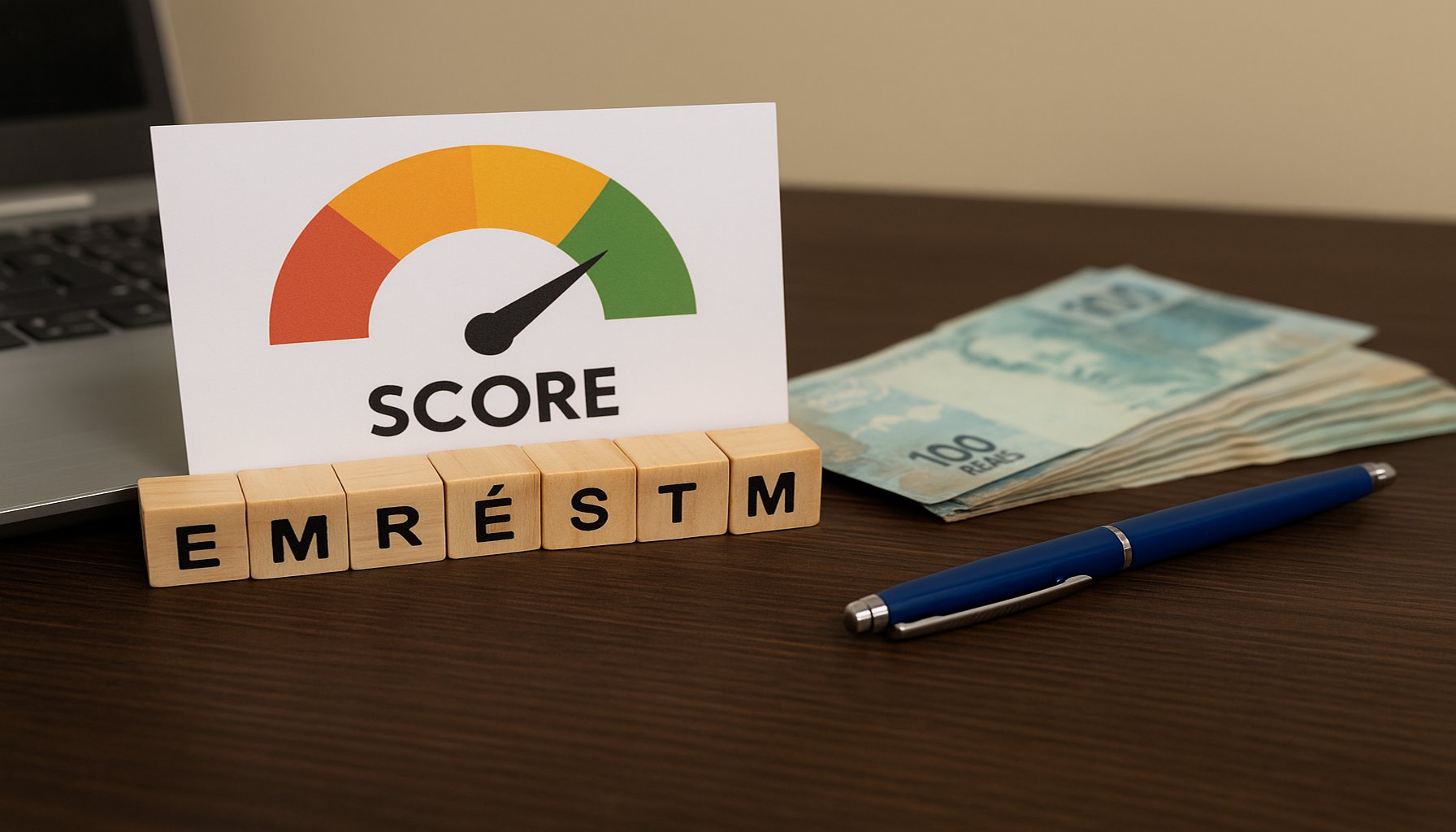Representação visual de finanças mostrando cartão de crédito, laptop e notas de real para ilustrar o que é score e como ele influencia no empréstimo.