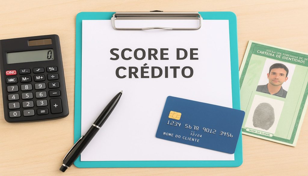 O que é score e como ele influencia no empréstimo? 1 Elementos financeiros brasileiros, incluindo identidade, cartão e planilha, reforçando o que é score e como ele influencia no empréstimo.