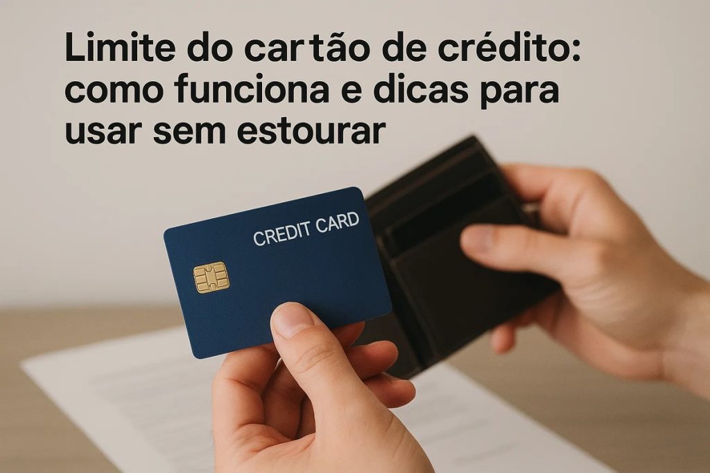 Pessoa segurando um cartão de crédito azul em frente a uma carteira preta, acompanhado do título “Limite do cartão de crédito: como funciona e dicas para usar sem estourar”.
