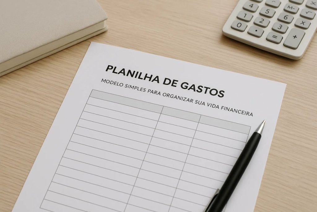 Planilha de gastos: modelo simples para organizar sua vida financeira 1 Planilha de gastos em papel sobre mesa de madeira, acompanhada de caneta preta, calculadora e caderno bege.