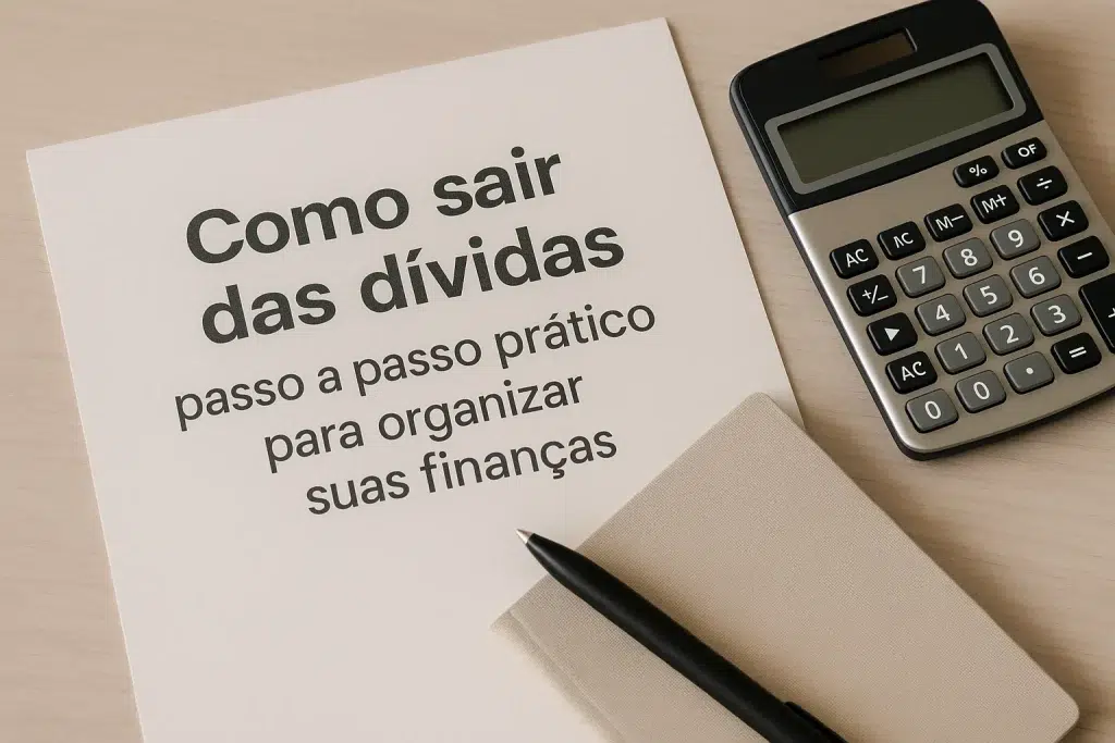 Folha de papel com o título 'Como sair das dívidas: passo a passo prático para organizar suas finanças', posicionada sobre uma mesa de madeira clara. Ao lado, há uma calculadora de mesa grande, um caderno bege fechado e uma caneta preta.
