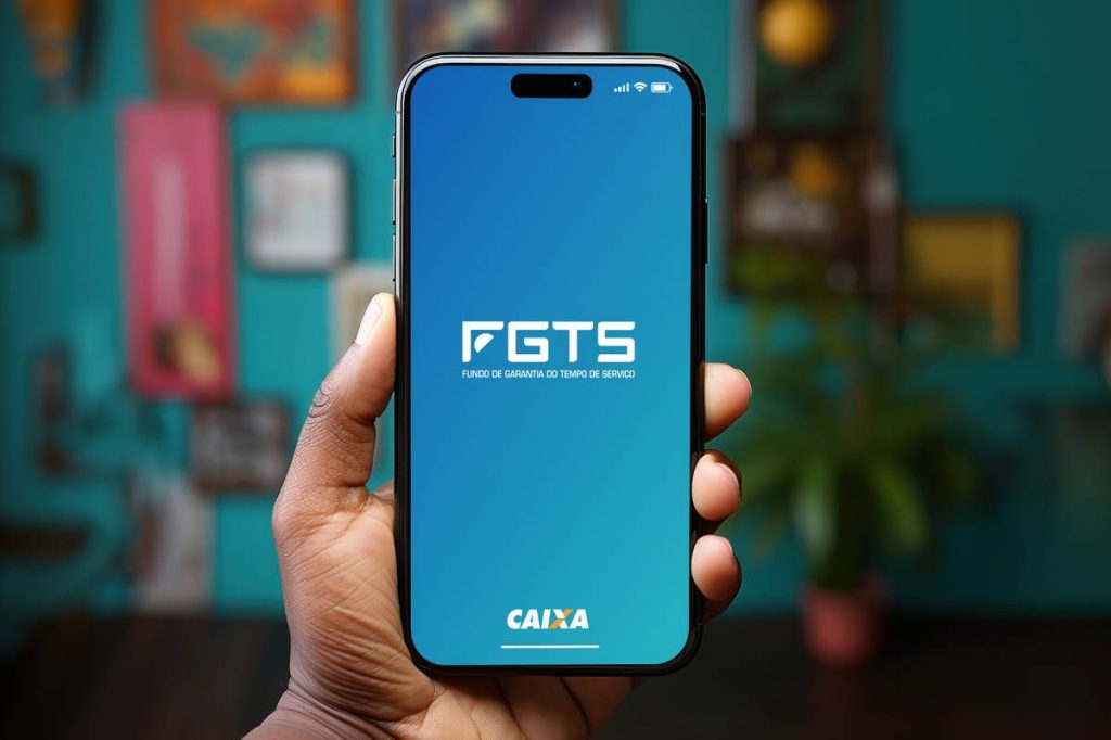 Mão segurando celular com aplicativo do FGTS aberto, ilustrando a possibilidade de antecipação como opção de empréstimo para negativado.
