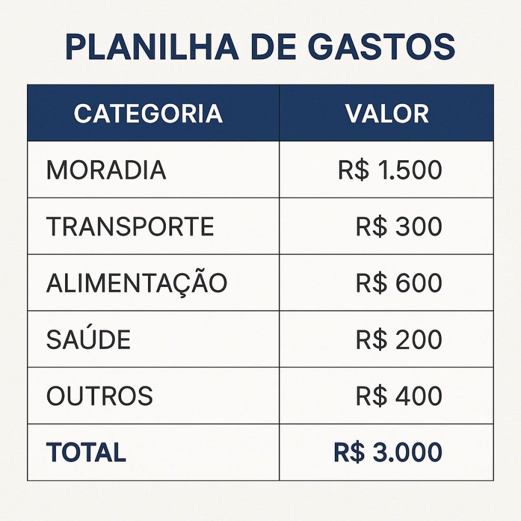 Planilha de gastos: modelo simples para organizar sua vida financeira 2 Planilha de gastos organizada em tabela com duas colunas: categoria e valor. Inclui as categorias moradia (R$ 1.500), transporte (R$ 300), alimentação (R$ 600), saúde (R$ 200) e outros (R$ 400), totalizando R$ 3.000.