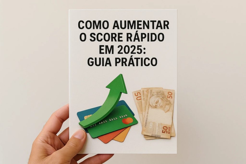 Como aumentar o score rápido em 2025: guia prático 1 Capa de guia prático com o título “Como aumentar o score rápido em 2025: guia prático”, exibindo cartões coloridos e notas de cinquenta reais, com uma grande seta verde apontando para cima.