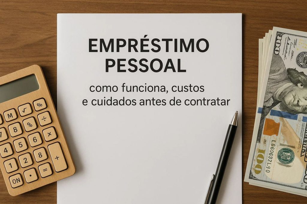 Empréstimo pessoal: como funciona, custos e cuidados antes de contratar 1 Folha impressa com o título "Empréstimo pessoal: como funciona, custos e cuidados antes de contratar", acompanhada de uma calculadora de madeira, uma caneta preta e notas de dólar.