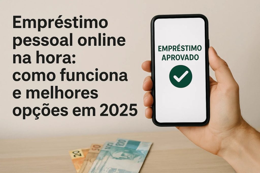 Empréstimo pessoal online na hora: como funciona e melhores opções em 2025 1 Mão segurando um smartphone que exibe a mensagem “Empréstimo aprovado” com um ícone de check verde na tela; ao lado, notas de real sobre uma superfície de madeira.