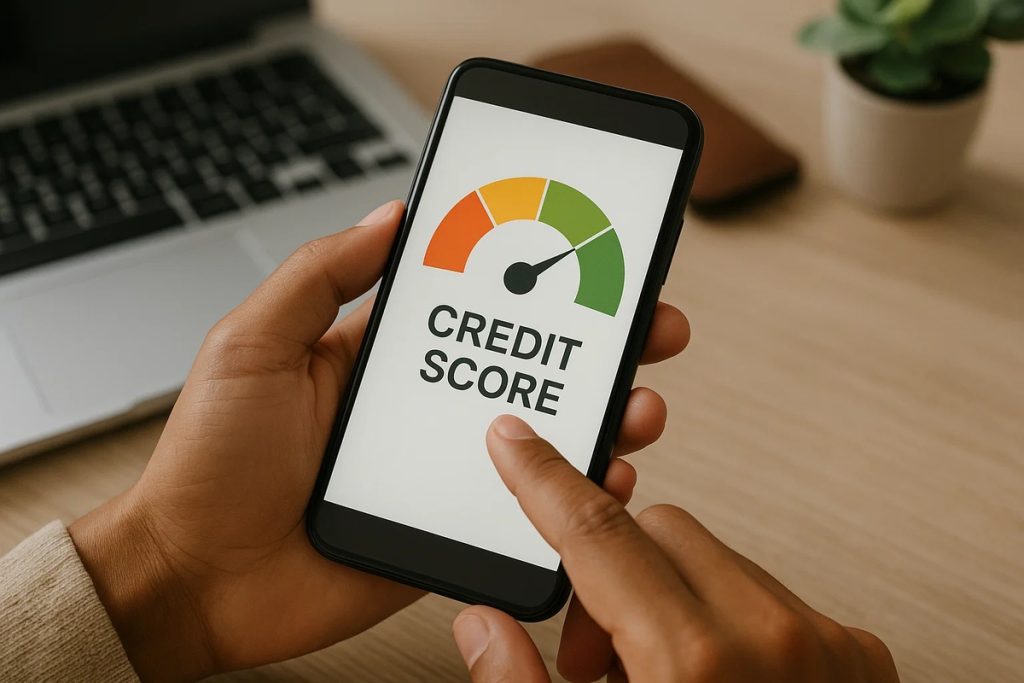 Consulta de score grátis: veja onde verificar sua pontuação em 2025 1 Pessoa segurando um smartphone que exibe um velocímetro colorido representando o score de crédito, com a agulha apontando para a faixa verde, indicando boa pontuação. Ao fundo, um laptop e um vaso de planta sobre uma mesa de madeira.