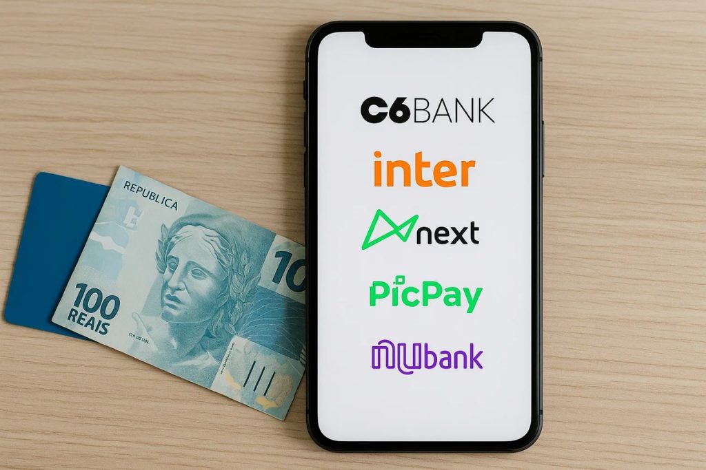Conta digital para menor de 18 anos: 5 melhores opções em 2025 1 ela de smartphone exibindo os logotipos dos bancos digitais C6 Bank, Inter, Next, PicPay e Nubank, posicionados verticalmente sobre fundo branco, com uma nota de 100 reais parcialmente visível ao lado esquerdo e um cartão azul sobre superfície de madeira clara, representando opções de conta digital para menor de 18 anos.