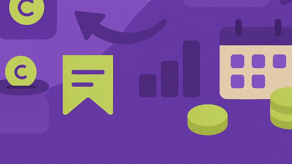 Ilustração flat em roxos e verde-lima com cartão de crédito, escudo com check, cadeado, símbolo “%”, pote de moedas, gráfico de barras, calendário e moedas, cercados por setas — destacando taxas, proteção e opções para quem está negativado.
