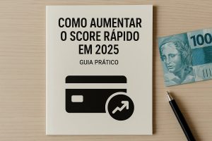 Capa de guia prático com o título “Como aumentar o score rápido em 2025” em letras maiúsculas, sobre fundo bege, acompanhada de um ícone preto de cartão de crédito e seta ascendente, com uma nota de cem reais e uma caneta ao lado.