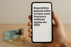 Mão segurando um smartphone com o texto “Empréstimo pessoal online na hora: como funciona e melhores opções em 2025”; ao fundo, notas de real e moedas empilhadas sobre uma mesa de madeira.