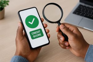 Pessoa segurando um smartphone com o texto “Credit Score” e um ícone verde de marca de verificação na tela, enquanto segura uma lupa na outra mão. Um laptop e uma planta decoram o fundo sobre uma mesa de madeira.