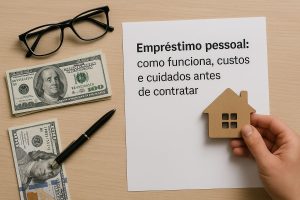 Folha impressa com o título "Empréstimo pessoal: como funciona, custos e cuidados antes de contratar", acompanhada de óculos, notas de dólar, uma caneta preta e uma mão segurando um ícone de casa em madeira.