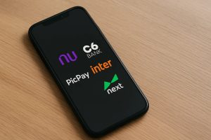New Home 4 Smartphone apoiado sobre mesa de madeira clara mostrando na tela escura os logotipos coloridos dos bancos digitais Nubank, C6 Bank, Inter, PicPay e Next, organizados de forma centralizada, contas digital para menor de 18 anos