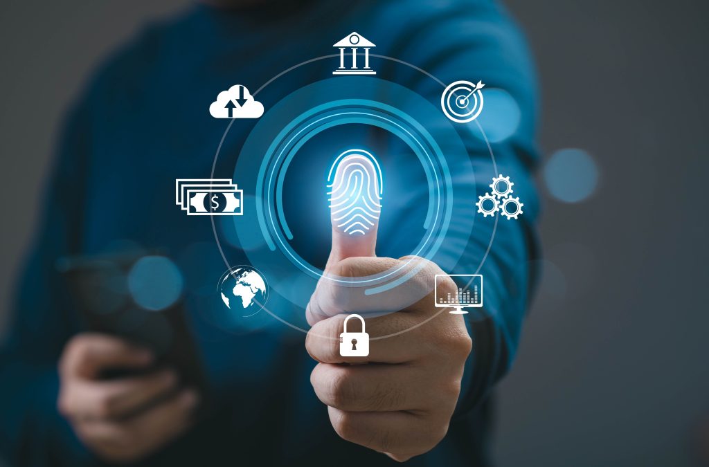 Conta digital que rende mais que a poupança: melhores opções em 2025 2 Pessoa utiliza autenticação biométrica com ícones digitais de serviços financeiros, representando a segurança das contas digitais que rendem mais que a poupança.