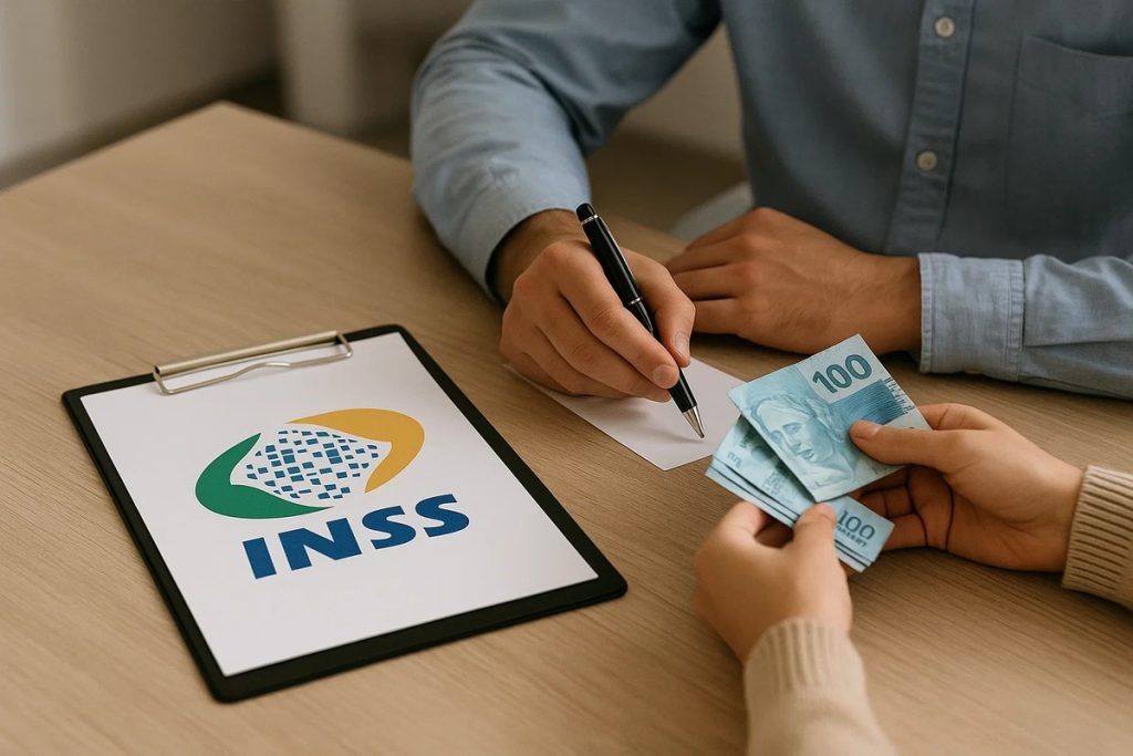 Pessoa entregando cédulas de dinheiro a outra enquanto esta assina contrato sobre mesa com prancheta contendo o logotipo do INSS, simbolizando operação de crédito e demonstração prática de empréstimo consignado INSS como funciona.