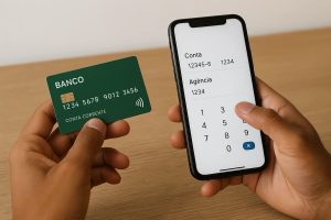 New Home 9 Mãos seguram um cartão bancário verde e um smartphone exibindo campos de agência e conta enquanto o usuário digita informações, ilustrando de forma prática o que é dígito da conta em operações financeiras e como esses dados são inseridos em aplicativos de banco.