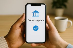 Duas pessoas segurando um smartphone que exibe um ícone azul de instituição financeira acompanhado do texto conta conjunta no centro da tela, com um ambiente interno desfocado ao fundo e uma xícara sobre a mesa enfatizando o contexto de uso cotidiano da conta conjunta digital.