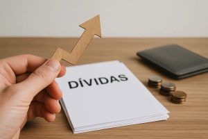 Mão segurando uma seta de madeira apontando para cima em frente a um maço de papéis com a palavra “Dívidas”, representando o aumento do endividamento e a busca por soluções de como sair das dívidas em 2025.