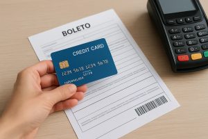 Mão segurando um cartão de crédito azul sobre um boleto impresso ao lado de uma maquininha de pagamento, ilustrando o processo de pagar boleto com cartão de crédito.