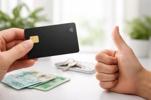 Mão segurando cartão bancário preto com símbolo de pagamento por aproximação e outra mão fazendo sinal positivo, representando cartão de crédito fácil de aprovar com score baixo e acesso simplificado ao crédito, com cédulas de dinheiro sobre a mesa ao fundo