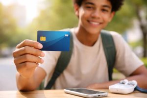 Adolescente sorrindo segura um cartão bancário azul com chip em ambiente externo, ilustrando o uso de cartão de crédito para menor de 18 sob supervisão dos pais