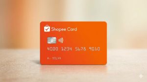 Imagem ilustrativa do cartão de crédito Shopee na cor laranja, com chip e tecnologia de pagamento por aproximação, exibido sobre superfície neutra.