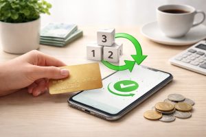 Mão segurando cartão de crédito sobre smartphone com ícone de confirmação, ilustrando estorno de compra parcelada no cartão de crédito e ajuste de parcelas na fatura digital