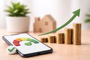 New Home 9 Aplicativo de score de crédito exibido na tela de um smartphone com indicador positivo, pilhas de moedas organizadas em crescimento e seta verde apontando para cima, representando melhora financeira e aumento de crédito relacionado ao Acordo Certo score
