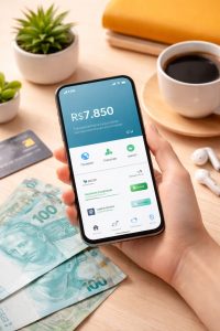 Mão segurando um smartphone com aplicativo financeiro aberto sobre uma mesa de madeira, ao lado de cédulas de real, cartão bancário, fones de ouvido, uma xícara de café e uma planta decorativa, representando o uso cotidiano de Bancos Digitais no Brasil e sua integração à vida financeira moderna.