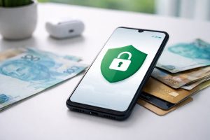 Smartphone sobre uma superfície clara exibindo um ícone de escudo com cadeado na tela, simbolizando proteção de dados em bancos digitais, com cédulas de real e cartões bancários ao redor, representando segurança financeira e privacidade no uso de bancos digitais no Brasil.