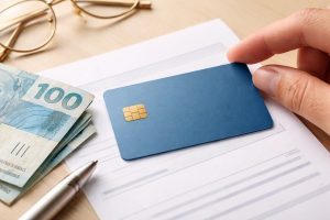 Cartão de crédito consignado azul sobre envelope branco, ao lado de cédulas de dinheiro e caneta, representando uma operação financeira com cartão de crédito consignado