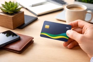 Mão segurando cartão de crédito para MEI sobre mesa de trabalho com carteira de couro, smartphone, caderno, caneca de café e planta decorativa ao fundo em ambiente de escritório