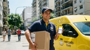 Entregador Mercado Livre segurando encomenda e celular em frente à van