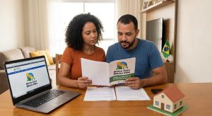 Casal consulta guia do programa minha casa minha vida para financiamento imobiliário em casa.